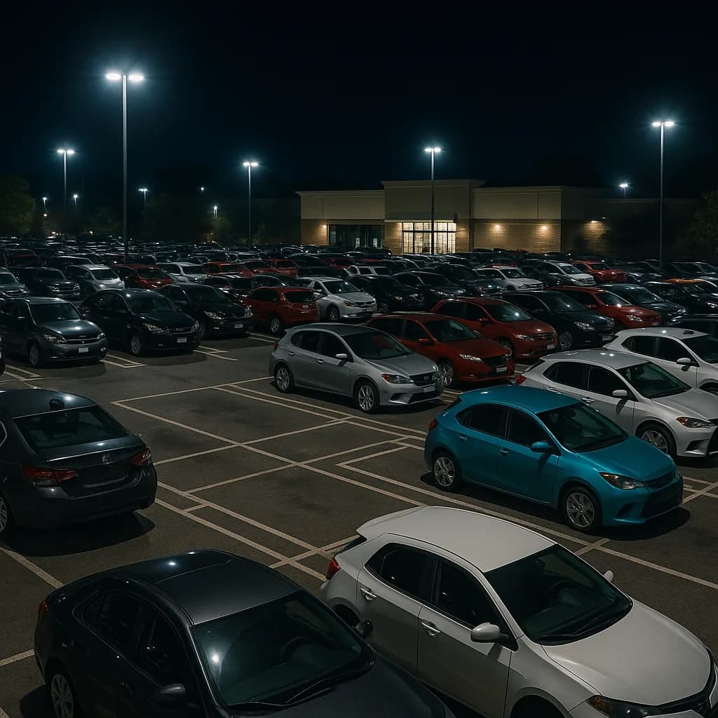 Crowded parking lot at night with many cars parked under bright streetlights and commercial building in background