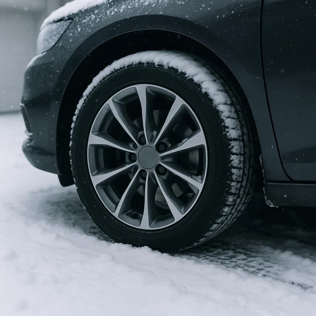 Close-up of car wheel with snow-covered tire and alloy rim in winter driving conditions